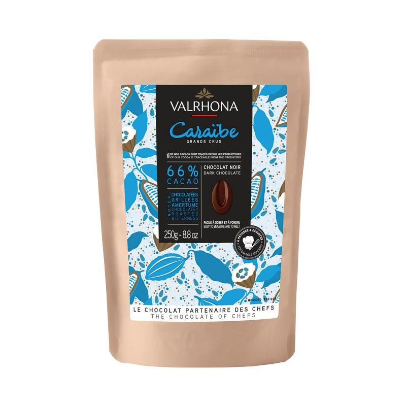 CARAIBE 66% chocolat noir de couverture en Fèves 250Gr Valrhona