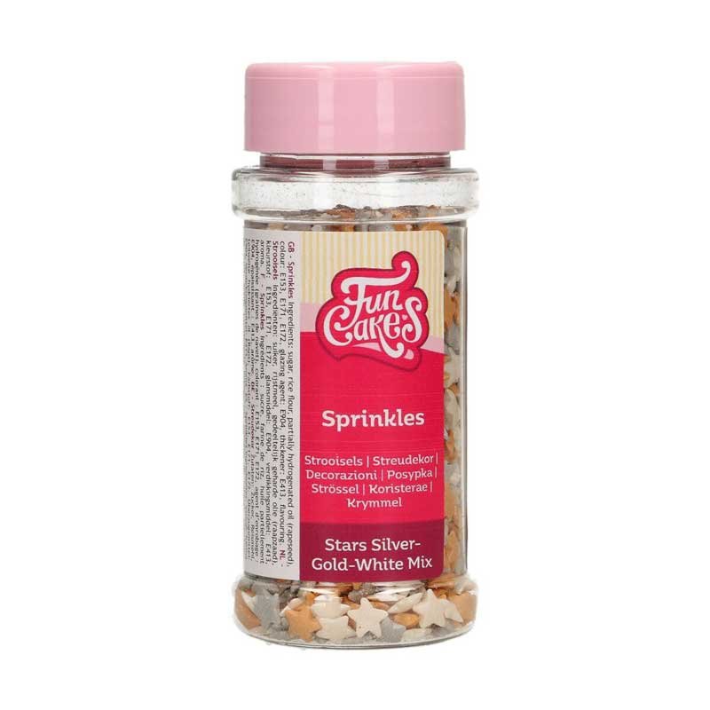 Mélange d'étoiles argentées, dorées et blanches 60g FunCakes Mélange d'étoiles argentées, dorées et blanches 60g FunCakes
