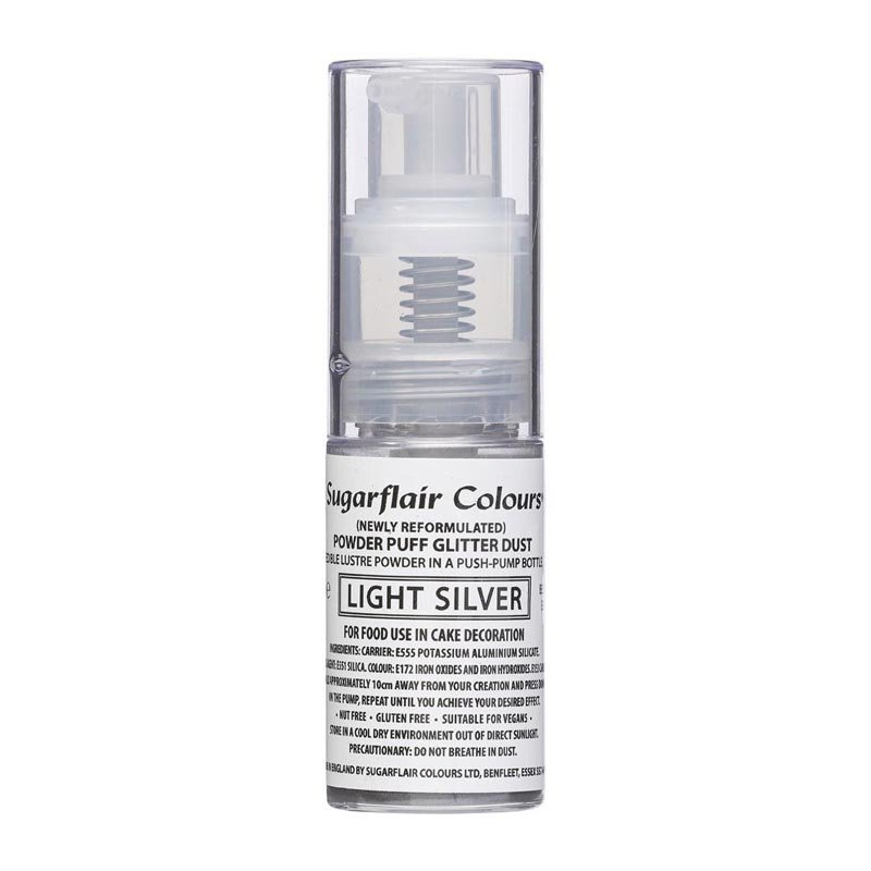 Pompe Push poudre à paillettes en Spray Argent clair Sugarflair Pompe Push poudre à paillettes en Spray Argent clair Sugarflair