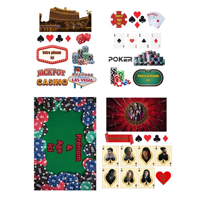 Kit Topper Gâteau Poker, Las-Vegas et Bet – Feuille Azyme ou Sucre à Personnaliser Kit Topper Gâteau Poker, Las-Vegas et Bet – Feuille Azyme ou Sucre à Personnaliser