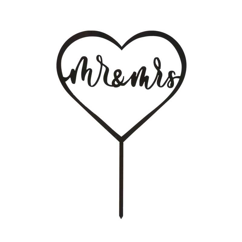 Cake Topper Mariage « Mr & Mrs » Cœur Noir – Décoration Élégante pour Gâteau de Mariés (Plastic/PVC)