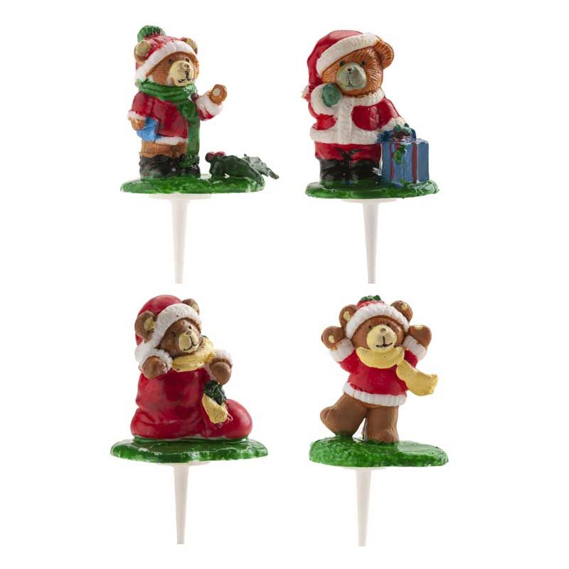 Figurines Ours de Noël en plastique 6 cm – Lot de 4 pièces (assortiment aléatoire) pour Cake Design