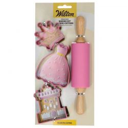 Wilton – Kit de Pâtisserie Enfant Emporte-pièces Princesse avec Rouleau Rose – Set de 4
