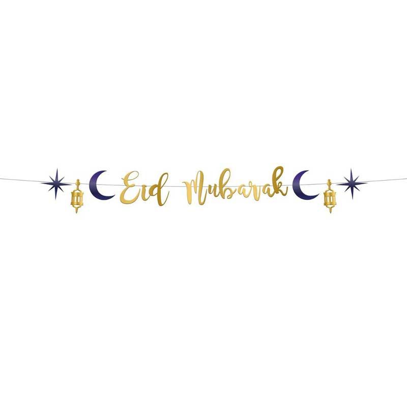 Bannière Eid Mubarak 1,5 m Bleu & Or – Guirlande Lettres Métallisées