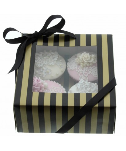 Boîte Chic pour Quatre Cupcakes Or et Noir Boîte Chic pour Quatre Cupcakes Or et Noir