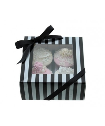 Boîte Chic pour Quatre Cupcakes Argent et Noir Boîte Chic pour Quatre Cupcakes Argent et Noir