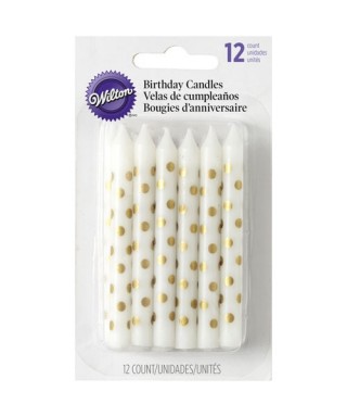 Bougies d'anniversaire blanche à pois or set/12 Wilton